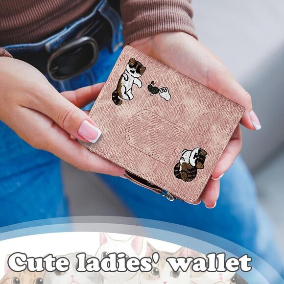 Womens Wallet, PU Leather Small Wallet Bi-fold Cute Wallet with Cat Embroidery, - Picture 5 of 6